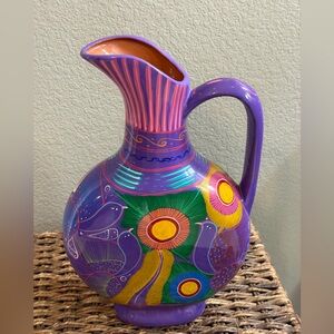 Purple Xalitla Mexican Handpainted 14.5” Clay Pottery Pitcher Flowers Birds Vtg